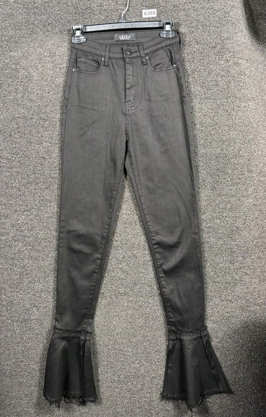 Akira Fray Raw Hem Bell Bottom Jeans Juniors Size 5 (26W) Black Denim Stretch